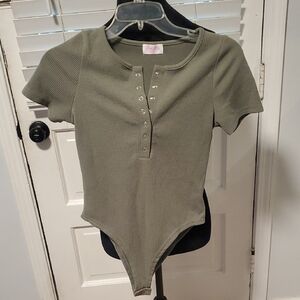 Pink Lily Green Ribbed Short Sleeve Bodysuit